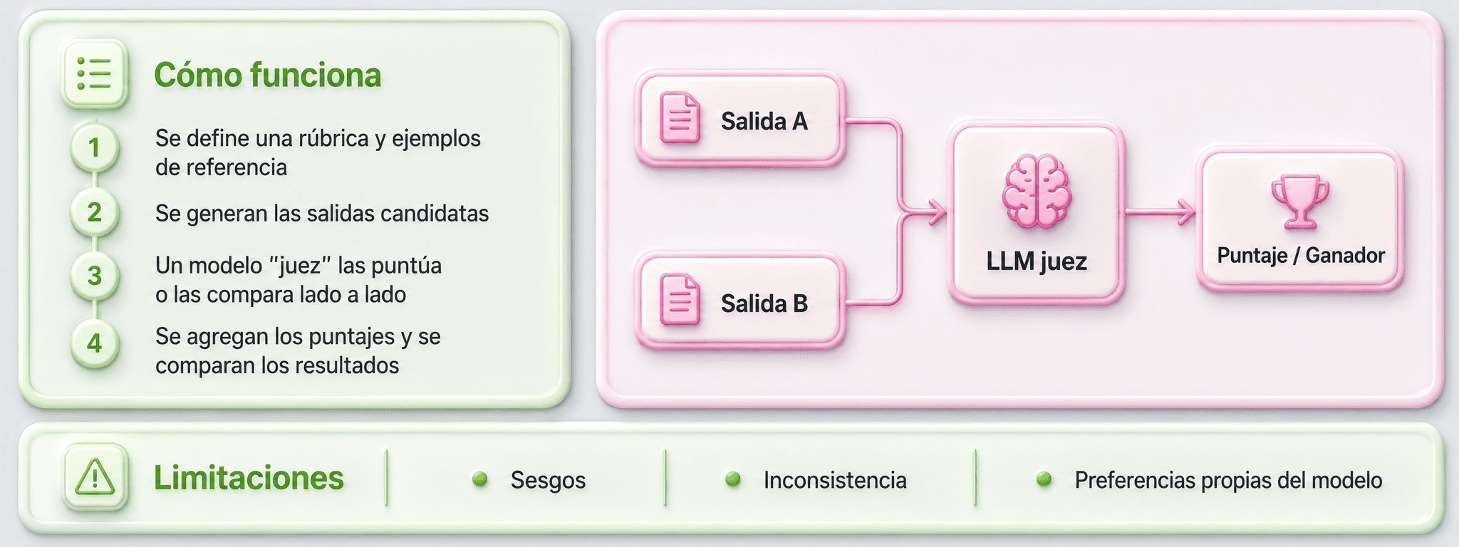 Salida A y salida B pasando por un LLM juez que produce un puntaje y un ganador, junto a las limitaciones: sesgos, inconsistencia y preferencias propias del modelo