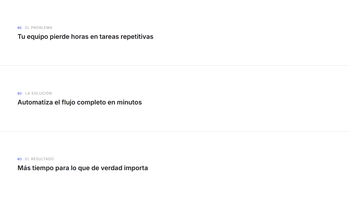 Tres secciones consecutivas de una landing, cada una numerada 01, 02, 03 como si fueran diapositivas