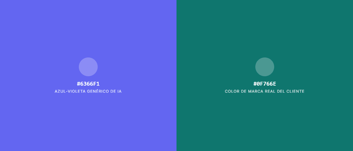 Comparación de swatches entre el azul-violeta genérico de IA y un color de marca real, claramente distinto